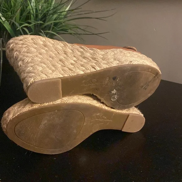 Jessica Simpson Giani tan leather wedge espadrille heel gold buckle size 9.5 - Picture 12 of 12